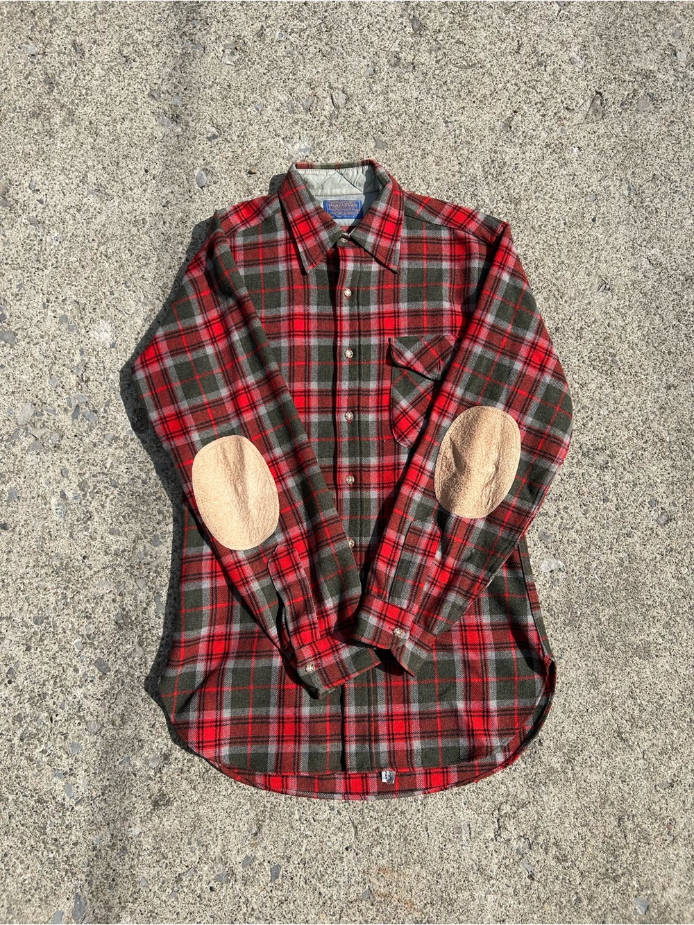 Vintage Pendleton Red & Green Plaid Button-Down Shirt with Tan Elbow Patches